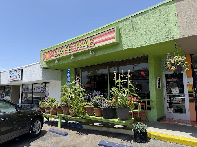 Cafe Rae's lime-green storefront on El Camino Real